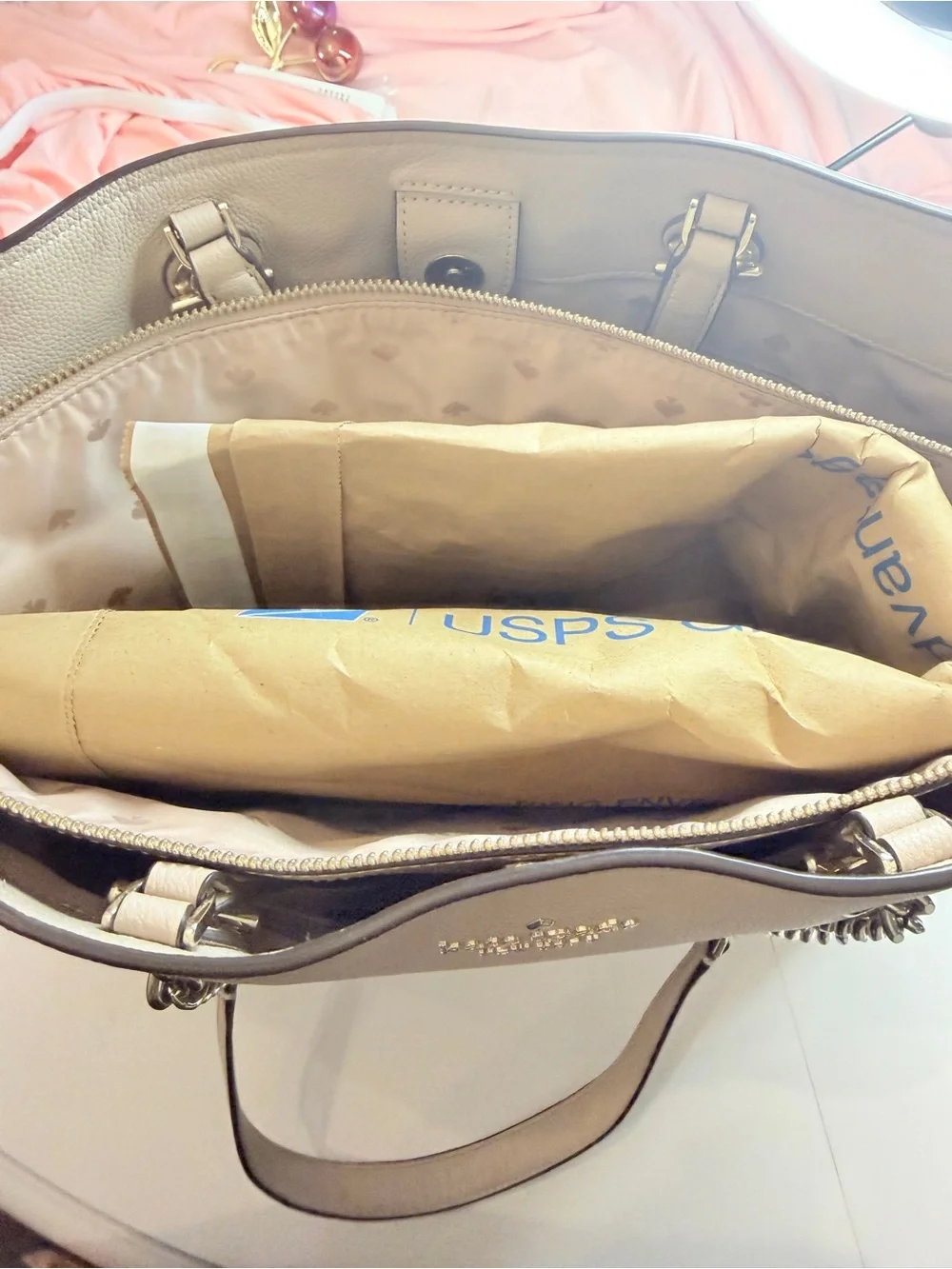 kate spade Taupe Pebbled Leather Chain-Handle Tote